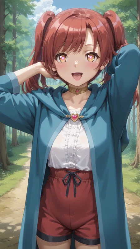 score_9, score_8_up, score_7_up, derpibooru_p_95, uncensored, masterpiece, absurdres, source_anime, 1girl, solo, standing, hand behind head, facing viewer, torogao, open mouth, smile, upper body, outdoors, forest, BREAK, <lora:Jayda_Goblin_no_Suana:0.8>, jayda, yellow eyes, heart-shaped pupils, red hair, medium hair, twintails, white blouse, red shorts, blue cloak, gold choker