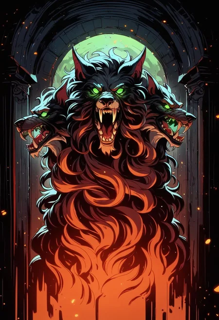 score_8_up, score_7_up, portrait of vicious wolf Cerberus, red & black fur, no pupils, glowing green eyes, sharp fangs, sharp claws, dark interior, particles, castle scene, <lora:sxz-hades-pdxl:0.8>  hds style, cel shading, linear hatching,