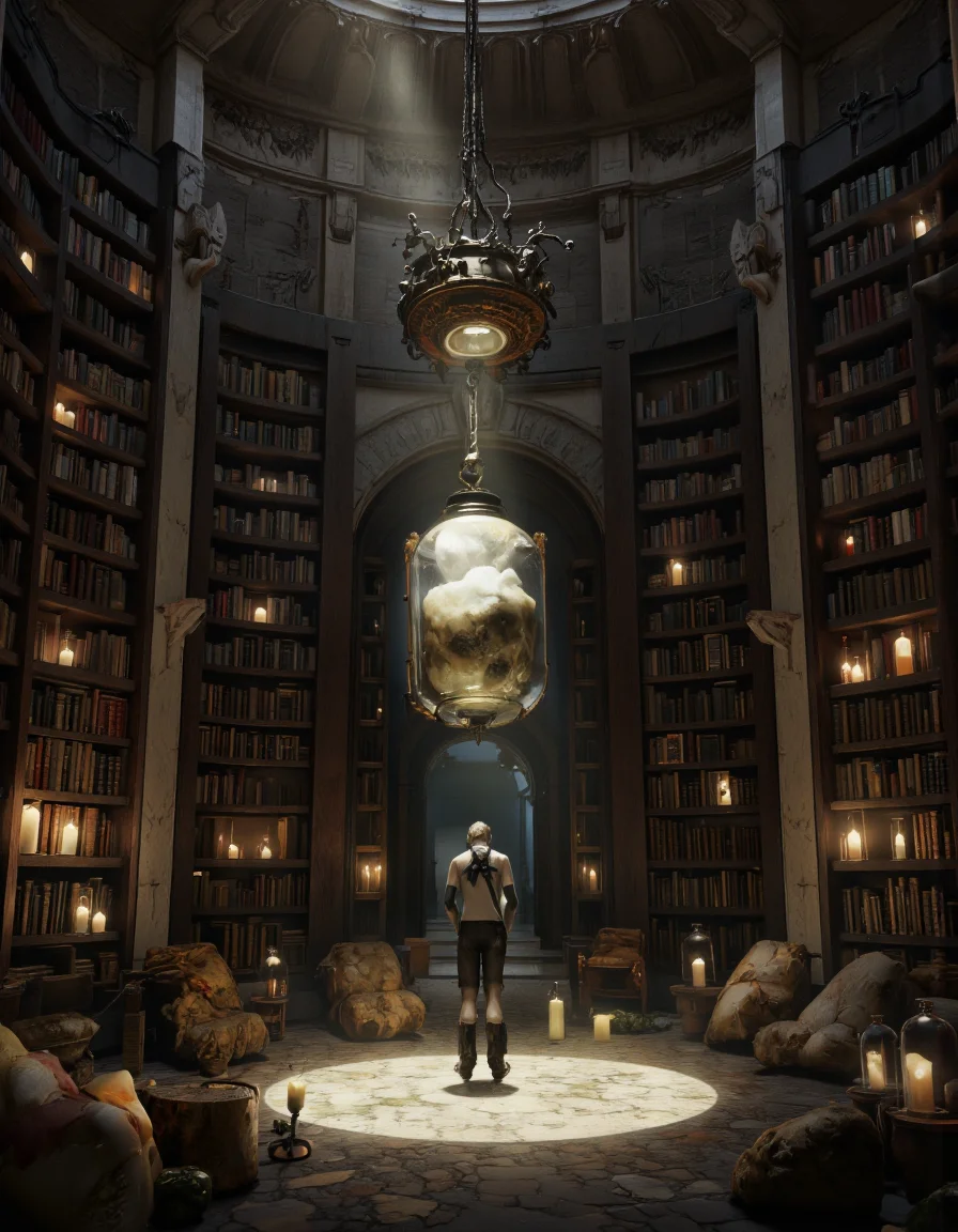 By Brandon Le. A digital illustration shoot from a far camera angle about a dimly lit library with tall shelves filled with books and various objects scattered around. the image also shows a mysterious atmosphere, with a large, frosted glass jar hanging from a chain in the center of the image, surrounded by smaller jars and glowing candles. on the middle of the room, a person stands with their back to the viewer, facing away from the viewer. the person appears to be a adult, with no clothing or pants, and is wearing no shoes or pants. they are standing in a circular, stone-like floor, with their arms behind their back. the room is filled with shelves of books, each filled with a different type of book, and the atmosphere is eerie and mysterious. the lighting is dim, casting a soft glow on the jars and candles, creating a sense of depth and mystery.