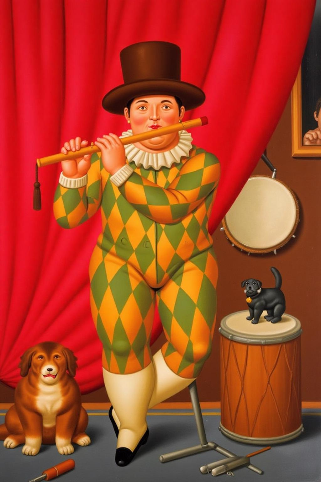 fernandobotero1 painting.
A man dressed as a Harlequin is playing a flute. He is wearing a geometric-patterned costume with large squares in shades of green, yellow, and orange. The figure wears a tall, dark brown hat, a white ruffled collar, and white knee-high socks.
On the right is a small dog and a drum. 
There is a red curtain in the background.
 <lora:fernandobotero1_cap_d6a3e7:1.0><lora:840258528670332220:0>