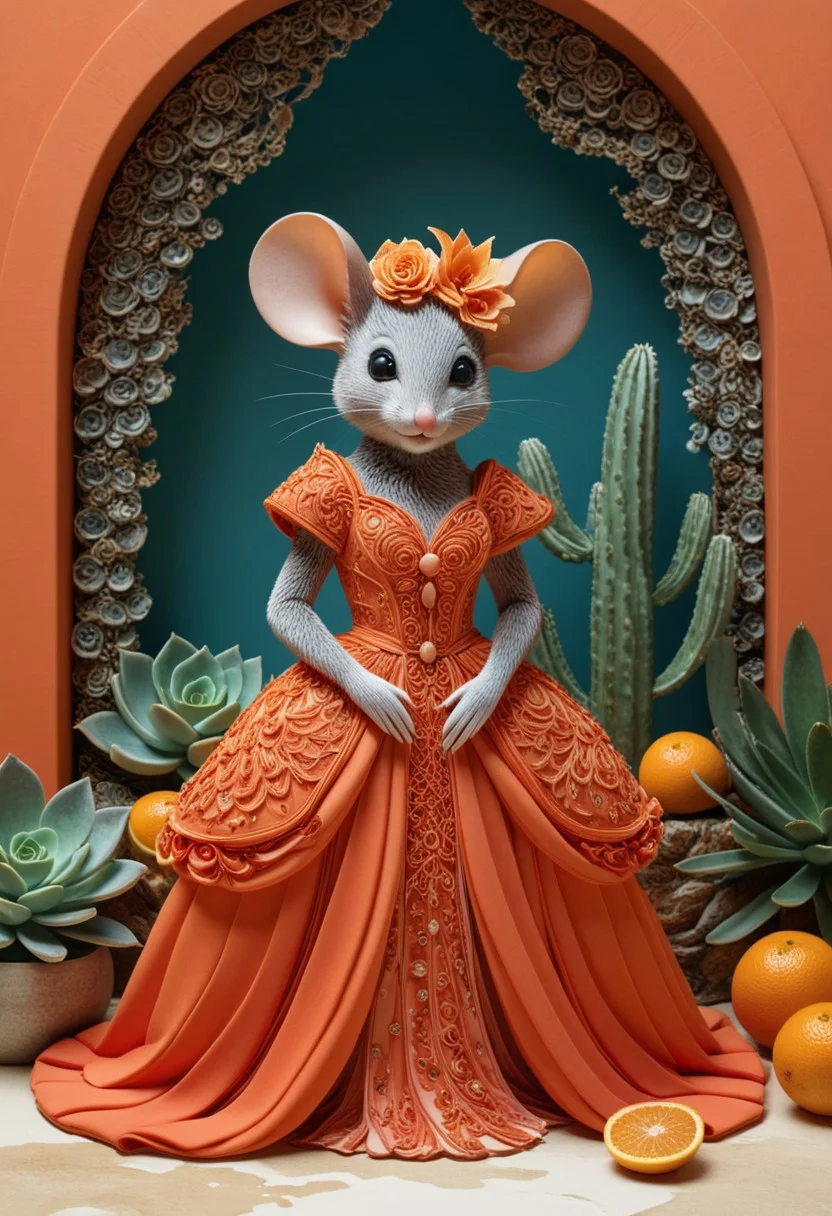 An elegant anthropomorphic mouse wearing a flowing blood-orange-inspired gown, surrounded by coral, succulents, and sliced citrus fruit, intricate botanical and marine detailing, whimsical fantasy meets haute couture