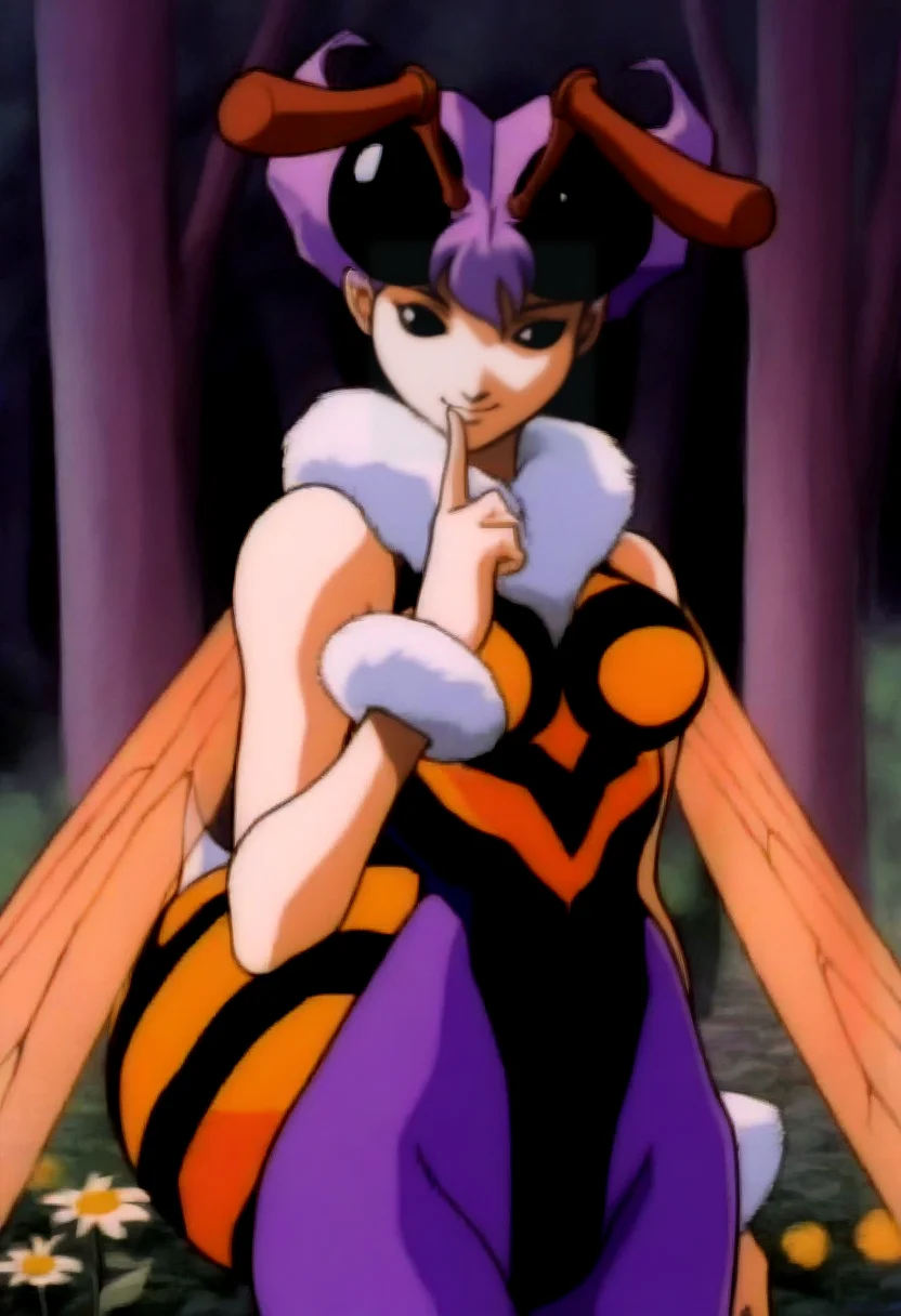 masterpiece, best quality, solo, 1girl, smile, looking at viewer,  <lora:Darkstalkers-Ova-illus_Fp:1>, 1990s \(style\), retro artstyle, <lora:Qbee-illus_Fp:1>, qbee, arthropod girl, antennae, short hair, purple hair, black eyes, insect wings, leotard, purple pantyhose, fur collar, fur cuffs, forest, flower, finger to mouth,