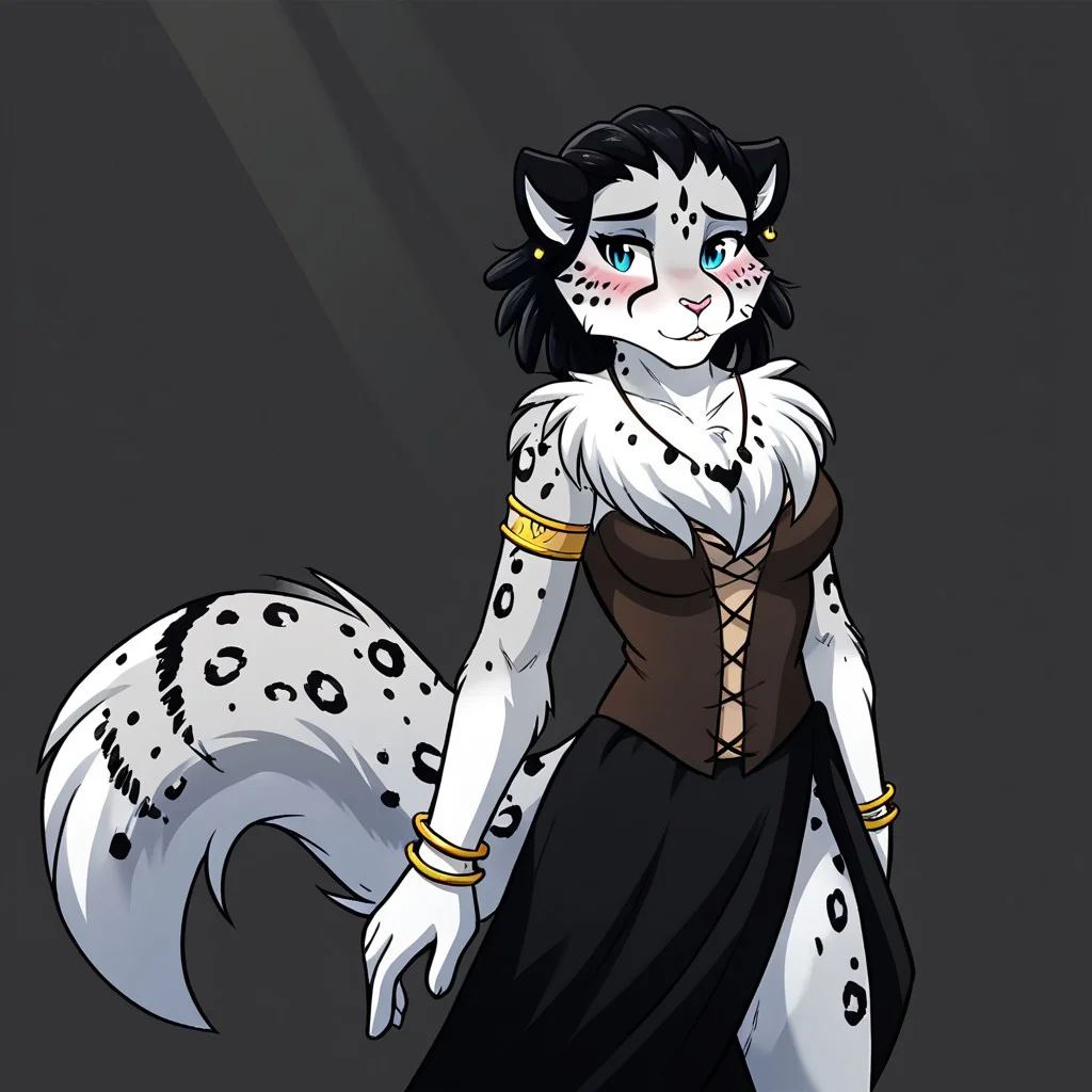 score_9, score_8_up, score_7_up, score_6_up, score_5_up, source_furry,
BREAK
1girl, furry female anthro, large breasts, curvy, (shy, blushing), cleavage, slit dress, ornate dress, bracelet, armlet, necklace, earrings, simple background, ((backlighting)), black background, thighs
BREAK
<lora:Adira-Riftwall-Twokinds-SDXL-AnonTK-V2:0.80>, adira-riftwall-twokinds, keidran, mammal, snow leopard tail, snout