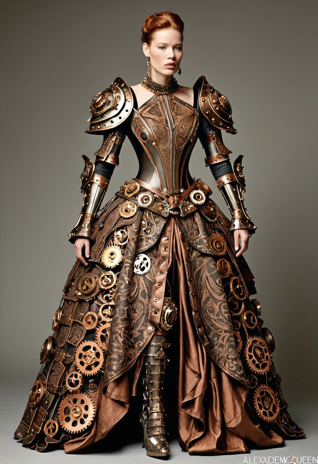Steampunk style <lora:Alexander McQueen-concept art-000005:1>, alexander mcqueen, concept art, armor dress . Antique, mechanical, brass and copper tones, gears, intricate, detailed
