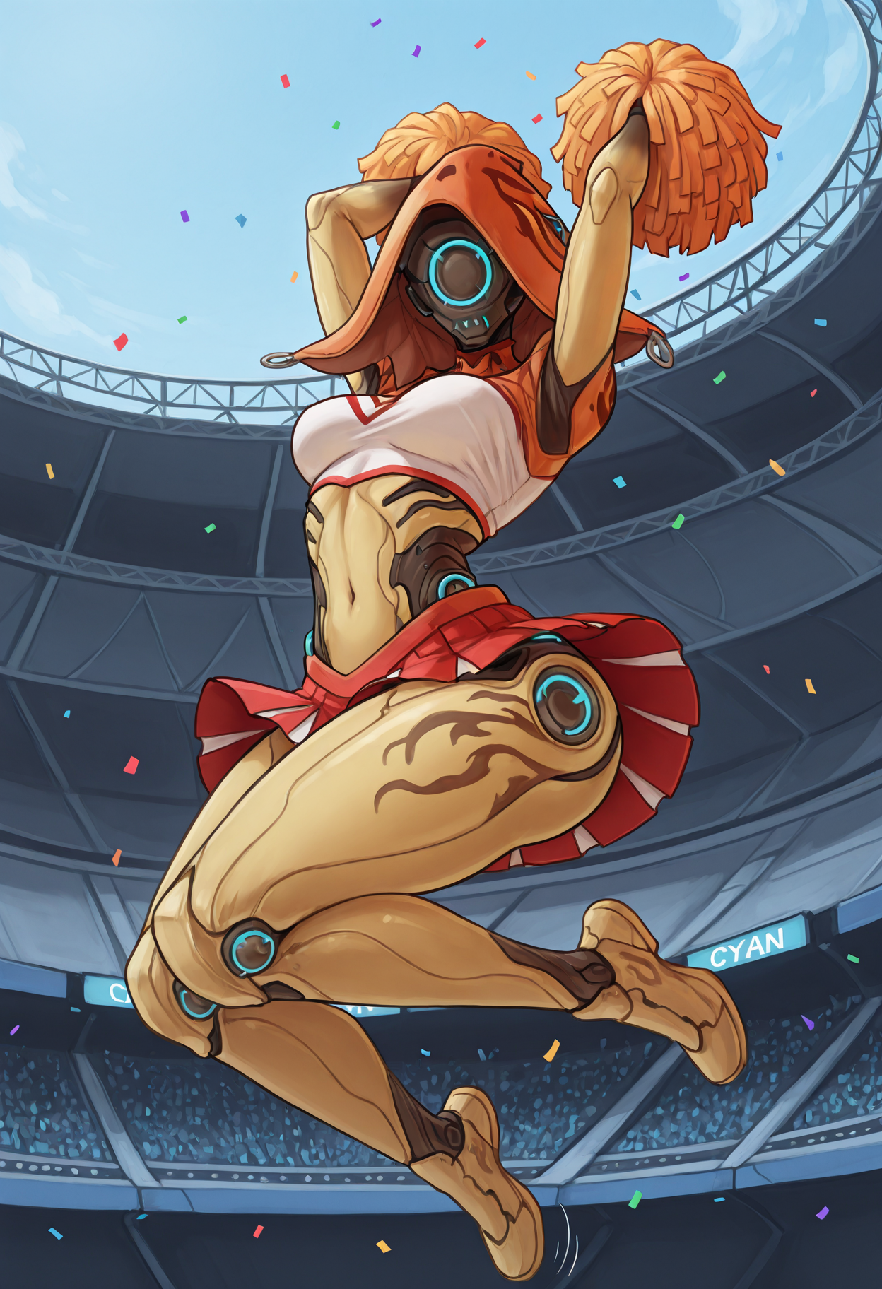 masterpiece, best quality, absurdres, outside, futuristic, science fiction, stadium, confetti, low-angle view, solo, full body BREAK
<lora:IvaraWF_IL-000015:0.9>  IvaraWF, orange hood, yellow body, cyan eyes, eyeless, cyan glow, looking at viewer, medium breasts, cheerleader, cheerleader outfit, white crop top, red skirt, wide hips, thighs, jumping, bent legs, midair, arms up