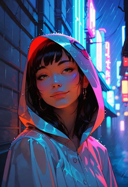 score_9, score_8_up, score_7_up, score_6_up, score_5_up, score_4_up, sexy asian girl , cute smile , hooded raincoat ,  aesthetic , side portrait , half body portrait , tokyo street , street lights , neon lights , raining , light signs