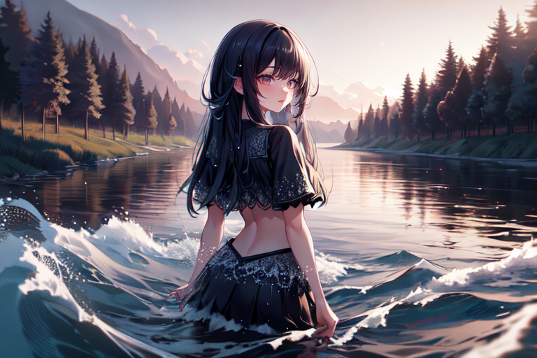 highly insanely detailed, masterpiece, top quality, best quality, highres, 4k, 8k, RAW photo, (very aesthetic, beautiful and aesthetic),  
(code_style,codestyle),english text, 
<lora:CodeStyle (half generic class)_564920:0.7>, 
(1girl:1.3), 1other, 
(in river),splash,splashing,(twilight background,low horizon),backlighting,âââ