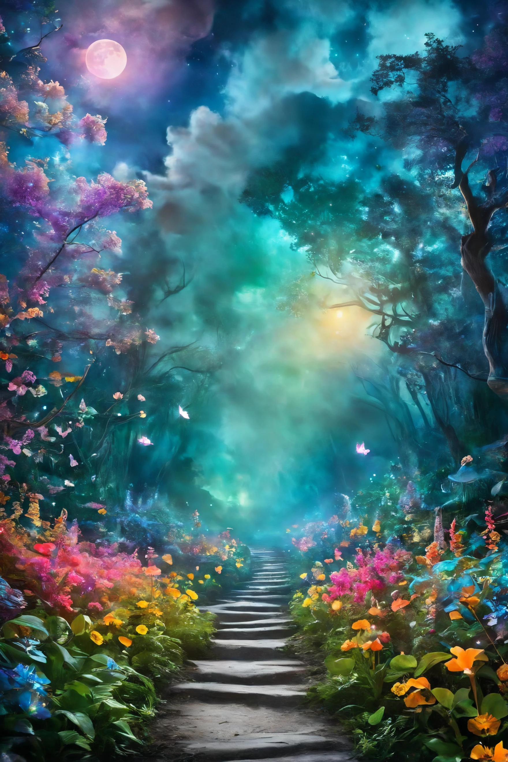 colorful smoke <lora:colorful_03_colorful_smoke:1.0>,
A moonlit path through a fairy forest, with glowing flowers and magical creatures visible, under the enchanting light of a full moon.,
amazing, beautiful, breathtaking, astonishing, brilliant,
