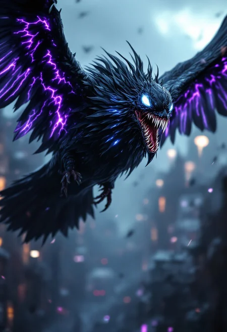 A striking cinematic image of an immense creature that fuses the seemingly innocent appearance of a pigeon with the menacing qualities of Venom. The creature's black, glossy feathers shimmer like molten darkness, adorned with pulsating white and purple veins that emit a sinister energy. Its once harmless beak has transformed into a jagged, tooth-filled menace, with a grotesque venom-shaped tongue. Piercing through the city's gloom, the creature's glowing, pupil-less eyes emit a chilling malevolence. Its enlarged, razor-sharp wings beat with enough force to shatter windows and cause airwaves, while its talons effortlessly tear through metal and stone. This nightmarish being haunts the skies above the city, masterfully blending terror with everyday life.