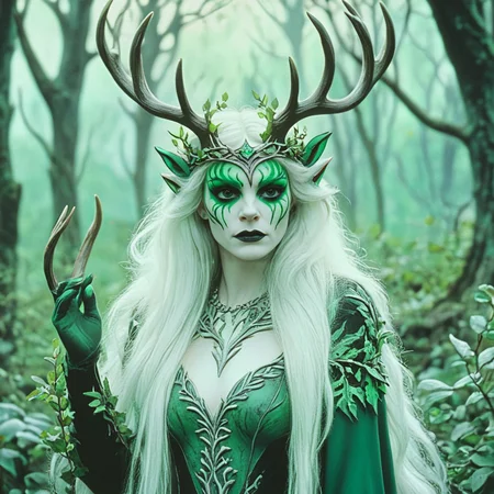 <lora:80sFantasyMovieSDXL2:1> ArsMovieStill, 80s Fantasy Movie Still, The image is a portrait of a woman with long blonde hair and a crown of antlers on her head. She is standing in a forest-like setting with trees and bushes in the background. The woman is wearing a dark green outfit with intricate details and her face is painted with white and black makeup. The antlers are made of leaves and branches and the crown is made up of multiple large antlers. The overall mood of the image is dark and eerie., 1girl, solo, long hair, white hair, colored skin, antlers, blurry background, upper body, blurry, lips