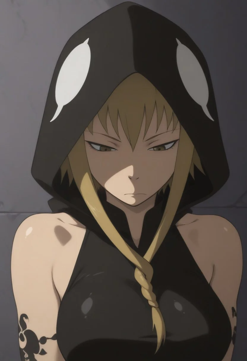 masterpiece, best quality, amazing quality,,, shiny skin,,,,,<lora:MedusaSoulEater-20:1>Medusa, solo, short hair with long locks, tattoo, hood, sleeveless, blonde hair,, sidelocks,, bare shoulders, hood down,, sleeveless hoodie, hoodie,