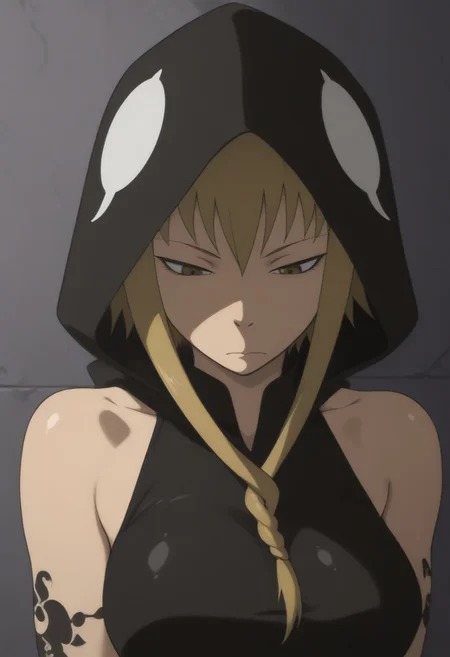 masterpiece, best quality, amazing quality,,, shiny skin,,,,,<lora:MedusaSoulEater-20:1>Medusa, solo, short hair with long locks, tattoo, hood, sleeveless, blonde hair,, sidelocks,, bare shoulders, hood down,, sleeveless hoodie, hoodie,