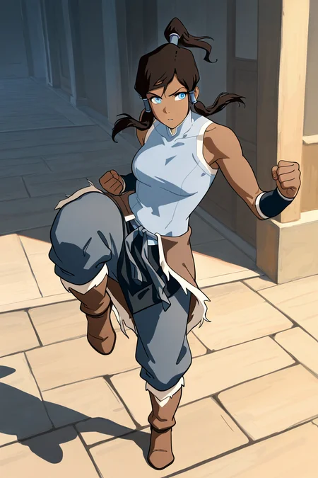 masterpiece, best quality, 1girl, solo, eyelashes, (beautiful eyes), aaKorra, blue shirt, full body, long hair, bare shoulders, ponytail, hair tubes, kicking, topknot, high kick ,<lora:KorraStyleIXL:1.0>,