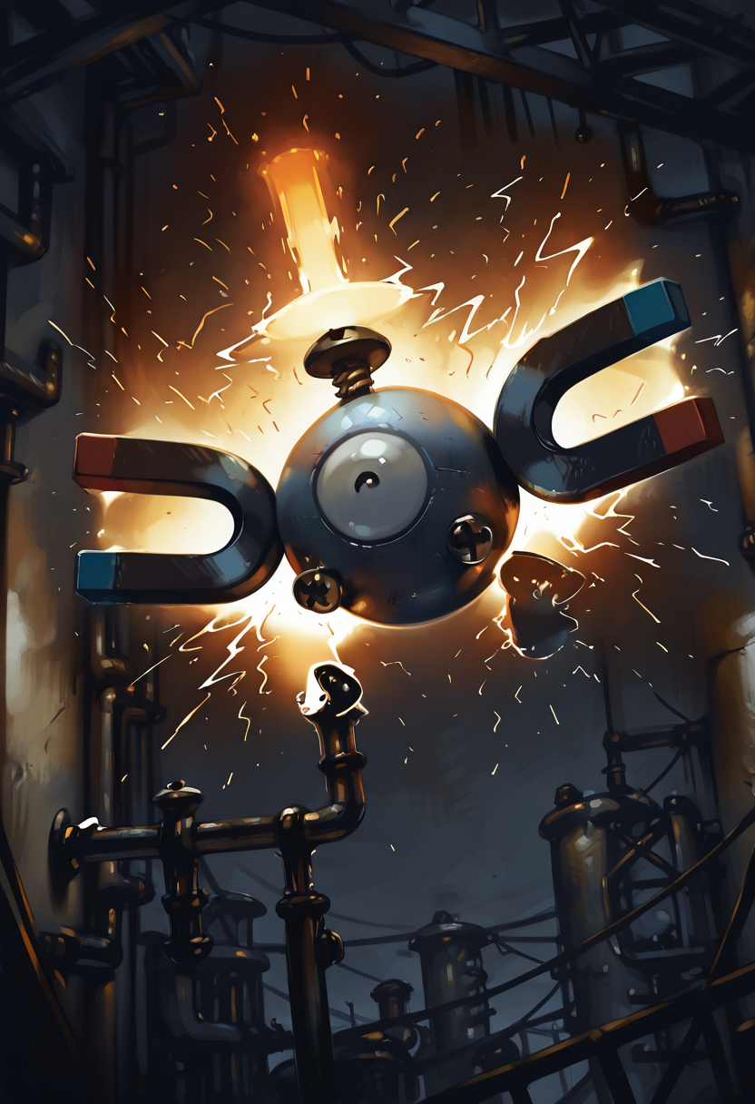 masterpiece, best quality, no humans,    zzMgnmt, industrial zone, flying pose, steel beams, rusted pipes, sparks, gritty textures, dramatic lighting, low angle â Magnemite hovers between twisted steel girders, its magnets pulsing with electromagnetic energy. Sparks burst from nearby conduits as it scans the crumbling facility, its metallic shell gleaming in the harsh light that cuts through the dust-filled air.   ,<lora:MagnemitePokedex_IXL:1.0>,