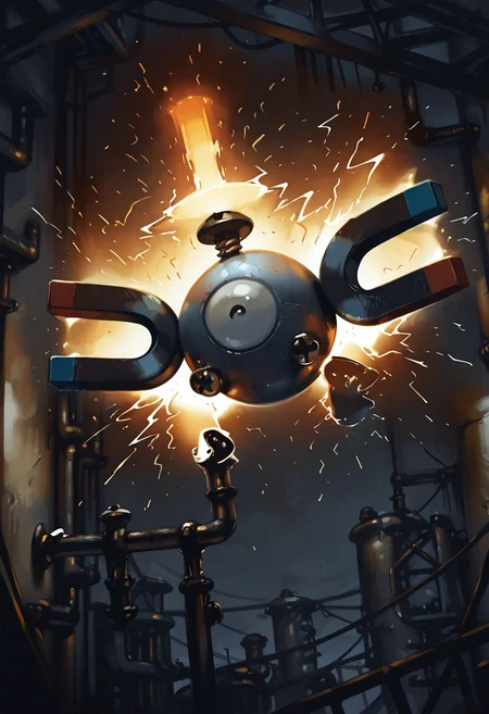 masterpiece, best quality, no humans, zzMgnmt, industrial zone, flying pose, steel beams, rusted pipes, sparks, gritty textures, dramatic lighting, low angle â Magnemite hovers between twisted steel girders, its magnets pulsing with electromagnetic energy. Sparks burst from nearby conduits as it scans the crumbling facility, its metallic shell gleaming in the harsh light that cuts through the dust-filled air. ,<lora:MagnemitePokedex_IXL:1.0>,