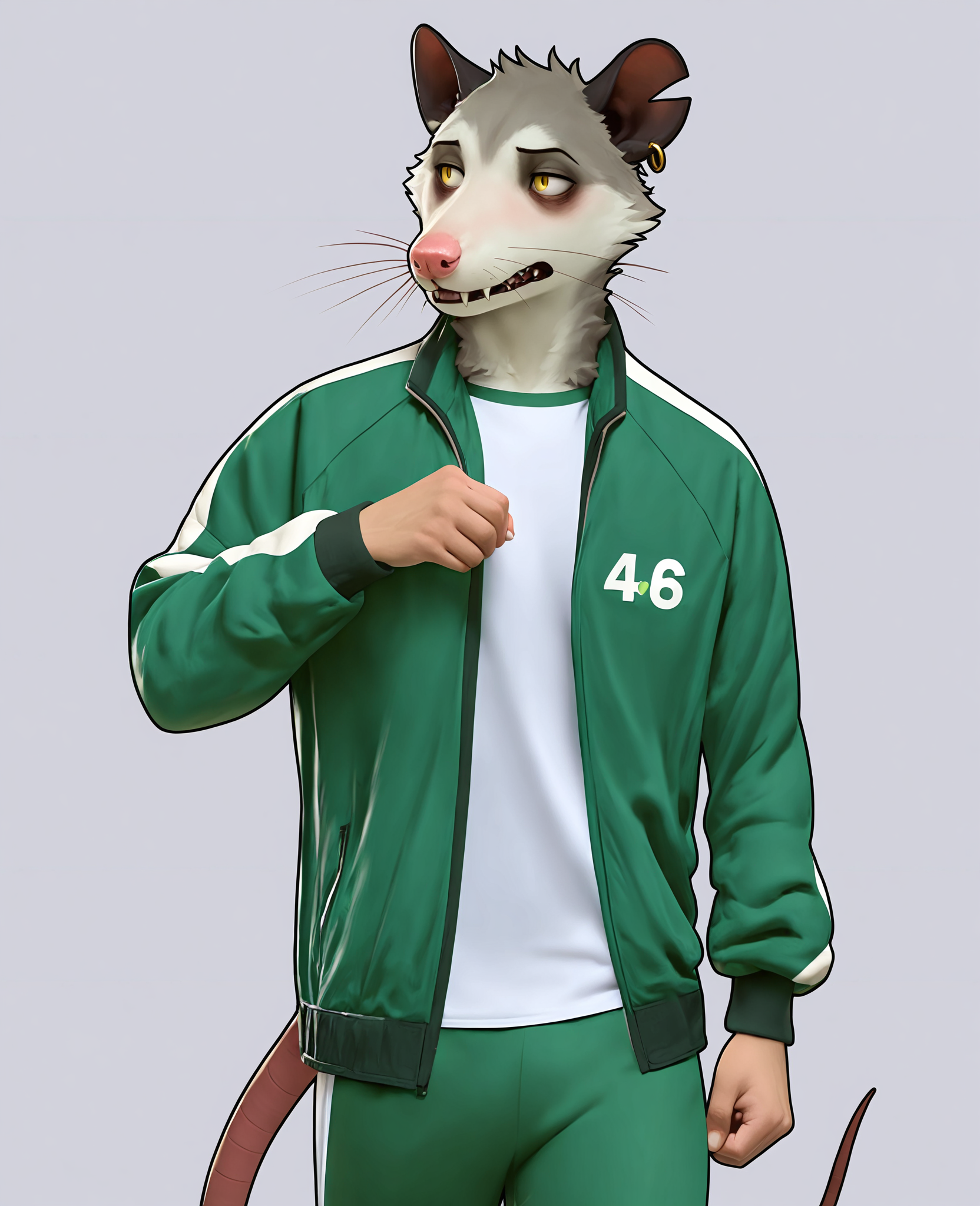 <lora:squidGameOutfit_Illustrious-09:1.0>, masterpiece, best quality, absurdres, score_8_up, score_7_up, 1boy, anthro, furry, solo, opossum, grey fur, fingerless (marking), athletic, whiskers, yellow eyes, notched ear, ear ring, ear piercing, hairless tail, tired eyes, eye bags, fangs, scared face, squidgamesoutfit, jacket, green jacket, shirt, white shirt, pants, green pants, light gray background, simple background