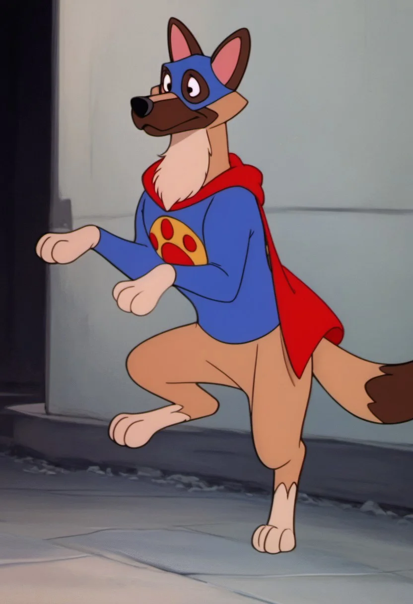 score_9, score_8_up, score_7_up, score_6_up, score_5_up, score_4_up, solo, W0nd3rD0g, Flash, Disney, Feral Dog, cartoon, German Shepherd, erect ears, pink inner ear, long snout, black nose, black eyes, tan fur, beige chest, beige paws, brown snout, brown ears, brown tail tip, fluffy tail, fluffy chest, fluffy cheeks, thick neck, blue shirt, blue hood, yellow circle logo, red paw logo, red cape, pants less