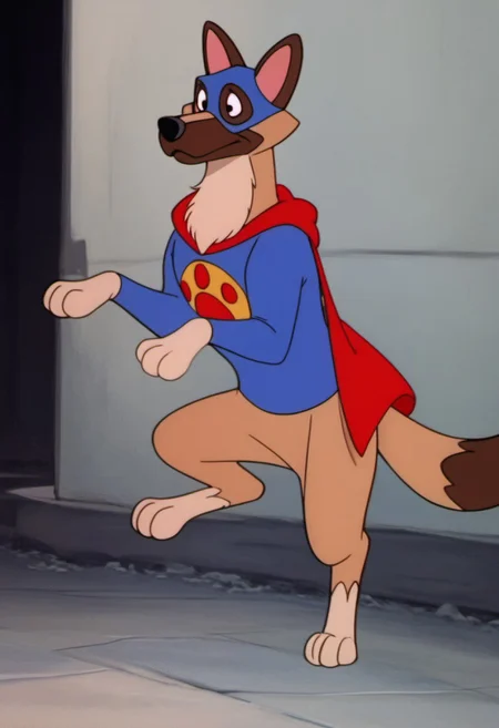 score_9, score_8_up, score_7_up, score_6_up, score_5_up, score_4_up, solo, W0nd3rD0g, Flash, Disney, Feral Dog, cartoon, German Shepherd, erect ears, pink inner ear, long snout, black nose, black eyes, tan fur, beige chest, beige paws, brown snout, brown ears, brown tail tip, fluffy tail, fluffy chest, fluffy cheeks, thick neck, blue shirt, blue hood, yellow circle logo, red paw logo, red cape, pants less