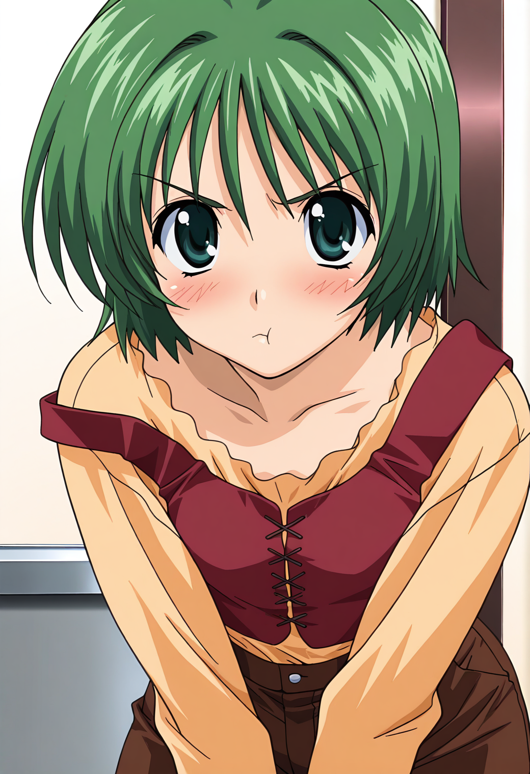 masterpiece, best quality, very aesthetic, absurdres, 1girl, solo,
<lora:ooba_eimi_v01:0.9>, ooba_eimi, eimi_casual, green hair, short hair, green eyes,
yellow shirt, long sleeves, red vest, short vest, brown shorts, posing, blush, pout, leaning forward, looking at viewer, strap slip, upper body,