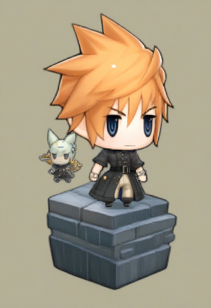 score_9, score_8_up, score_7_up,source_anime,
lannff, solo, 1boy, male focus, spiked hair, blue eyes, belt, orange hair, buttons, black footwear, coat, pants, short sleeves, boots, buckle, black coat, belt buckle, capri pants, ffpictlogicastyle, chibi, full body, faux figurine