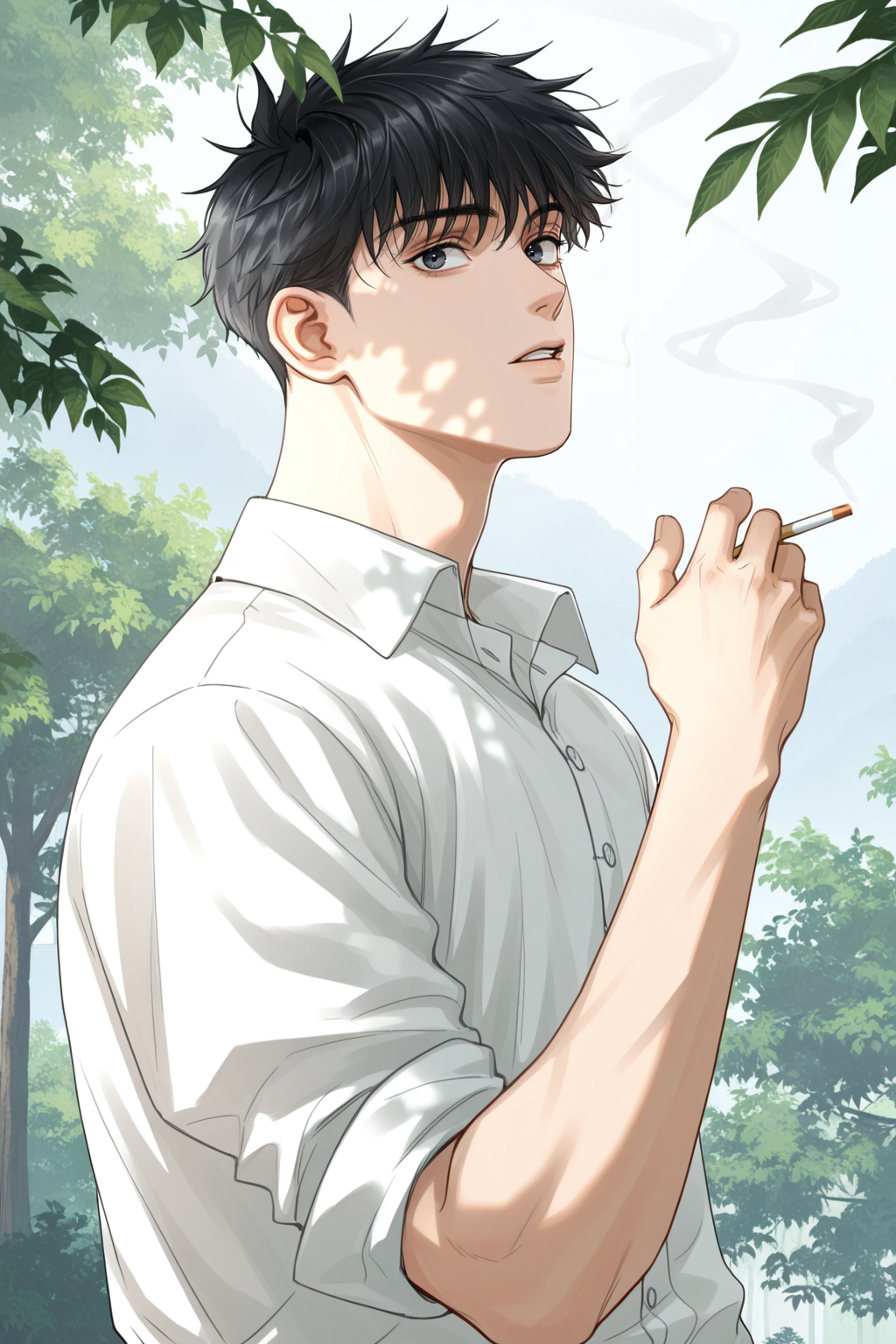 <lora:STS-IL:0.9>,wuyv, black hair, male focus, 1boy, solo, holding, white shirt, looking at viewer, short hair, cigarette, collared shirt, leaf, outdoors, black eyes, parted lips, upper body, holding cigarette, bara,male focus,very awa,masterpiece,best quality,amazing quality,nsfw,uncersored,highres,best quality,amazing quality,best aesthetic,absurdres,