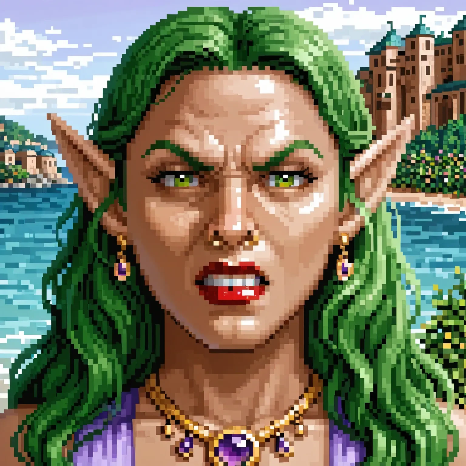 heroes2, pixel art, female, from front, looking at viewer, face focus, head shot, elf, human, angry, annoyed, red lipstick, teeth, glaring, pointy ears, long hair, green hair, green eyes, lavender dress, gold necklace, gold nose ring, nose ring, gold earrings, purple jewels, wavy hair, outdoors, bushes, tan buildings, sea, islands, solo
, <lora:HoMM_v8NoobBs975:0.8>,