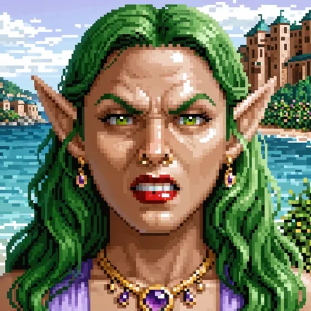 heroes2, pixel art, female, from front, looking at viewer, face focus, head shot, elf, human, angry, annoyed, red lipstick, teeth, glaring, pointy ears, long hair, green hair, green eyes, lavender dress, gold necklace, gold nose ring, nose ring, gold earrings, purple jewels, wavy hair, outdoors, bushes, tan buildings, sea, islands, solo
, <lora:HoMM_v8NoobBs975:0.8>,