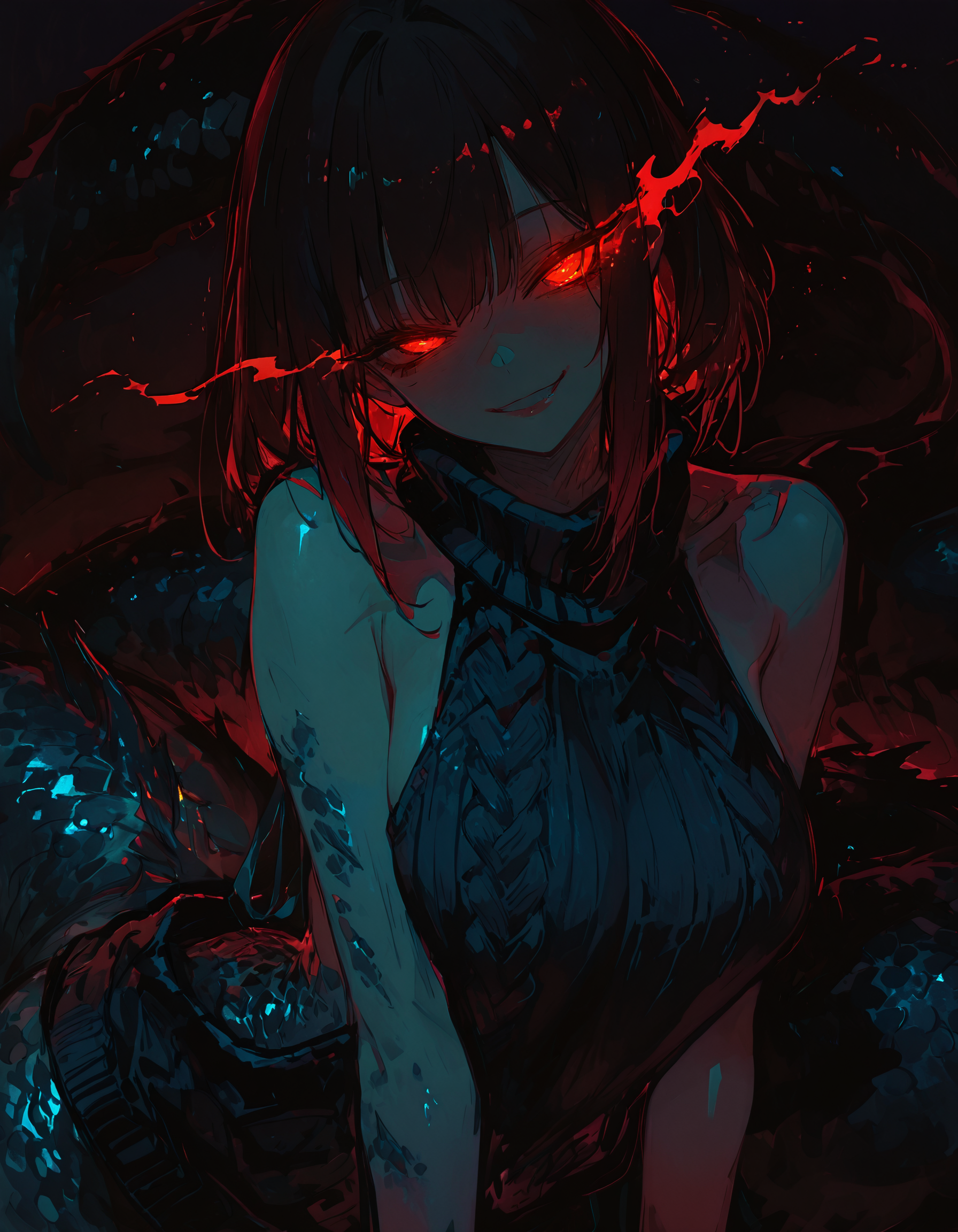 masterpiece,best quality,very detailed,glowing,dark,
1 girl,monster girl,seductive smile,glowing eyes,virgin killer sweater,
<lora:748cmSDXL:1>,<lora:virgin_killer_sweaterIllustrious:1>,<lora:NLSTN-IL:0.5>,