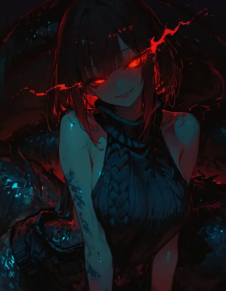 masterpiece,best quality,very detailed,glowing,dark,
1 girl,monster girl,seductive smile,glowing eyes,virgin killer sweater,
<lora:748cmSDXL:1>,<lora:virgin_killer_sweaterIllustrious:1>,<lora:NLSTN-IL:0.5>,
