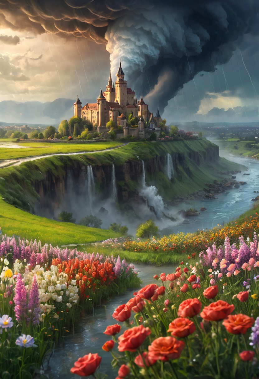 oil matte art, calm relaxing scenery, river, beautiful digital art, DarkFantasy, panoramic view, rain, wet, castle on the cliff, drastic contrast, flower field, crystal clear, huge tornado in the background, bokeh, OverallDetail, 
extremely detailed, UHD,(long exposure )