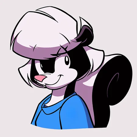 score_9, score_8_up, score_7_up, score_6_up, score_5_up, score_4_up, (Source furry), (rating safe), <lora:SabrinaSkunk:1>, sabrina skunk, simple backlground, white background, looking at viewer, black eyes, skunk tail, skunk girl, furry female, blue shirt, bottomless, smile, white hair, short hair, two tone fur,
