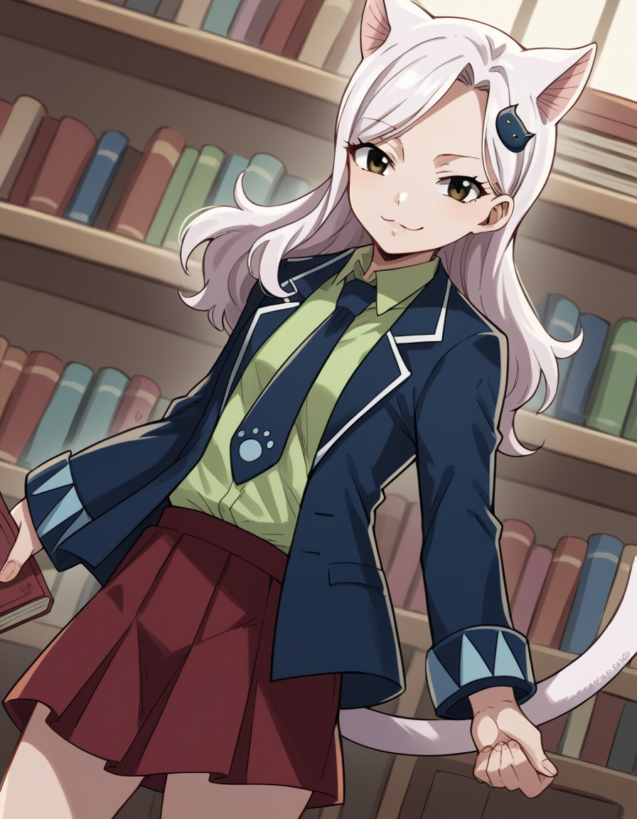 score_9, score_8_up, score_7_up, source_anime, <lora:fairytail-carla-anime-ponyxl-lora-nochekaiser:1>, fairy tail carla, long hair, hair ornament, animal ears, brown eyes, white hair, cat ears,, skirt, school uniform, jacket, tail, necktie, red skirt, shirt, green shirt, collared shirt, long sleeves,, bookstore, browsing shelves, new book smell, finding a favorite, quiet atmosphere, smile, looking at viewer, arm holding an object, solo,, cowboy shot, dutch angle