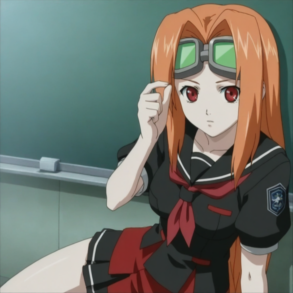 1girl, Scarlett, red eyes, orange hair, goggles on head, school uniform,