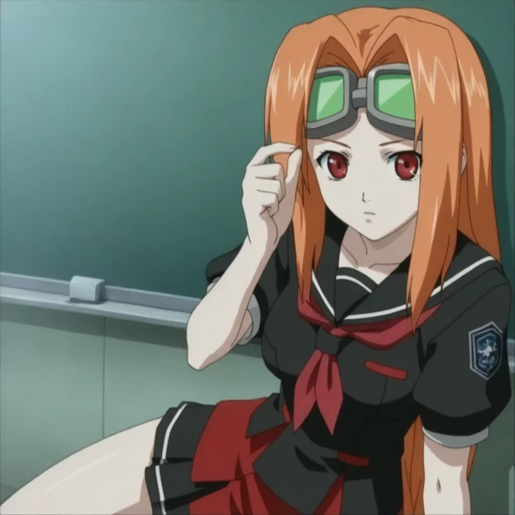 1girl, Scarlett, red eyes, orange hair, goggles on head, school uniform,