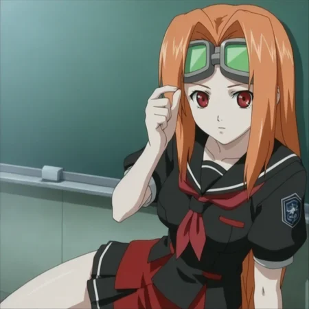 1girl, Scarlett, red eyes, orange hair, goggles on head, school uniform,