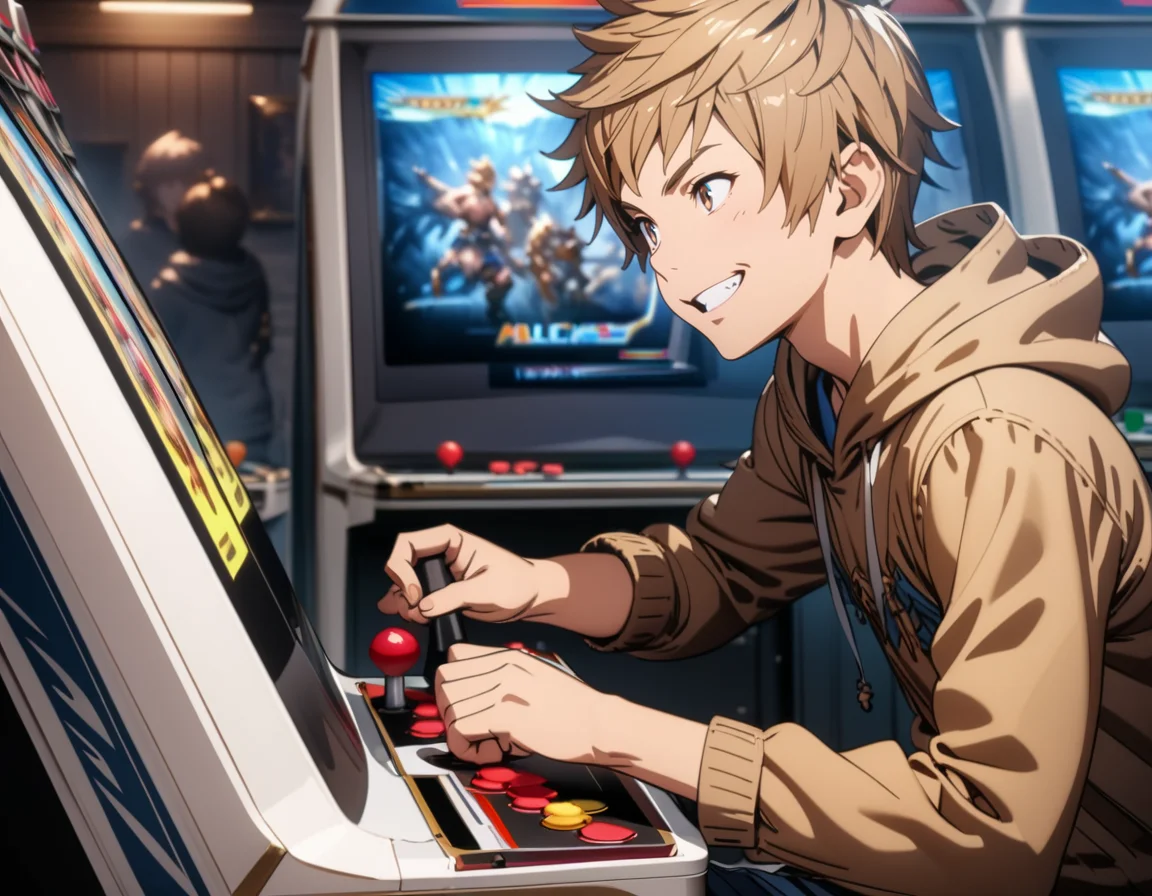 masterpiece, best quality, ultra detailed, highres,4k,(ultra-detailed:1.4) (illustration:0.5), (ray tracing,:0.8),(anime colored:0.7),(ai-generated:0.5),
1boy,solo,
gran \(granblue fantasy\), granblue fantasy,
grin,
<lora:arcadegameXL1:1>,arcadegame,
arcade cabinet,playing games,video game,holding joystick,display,sitting, looking down,