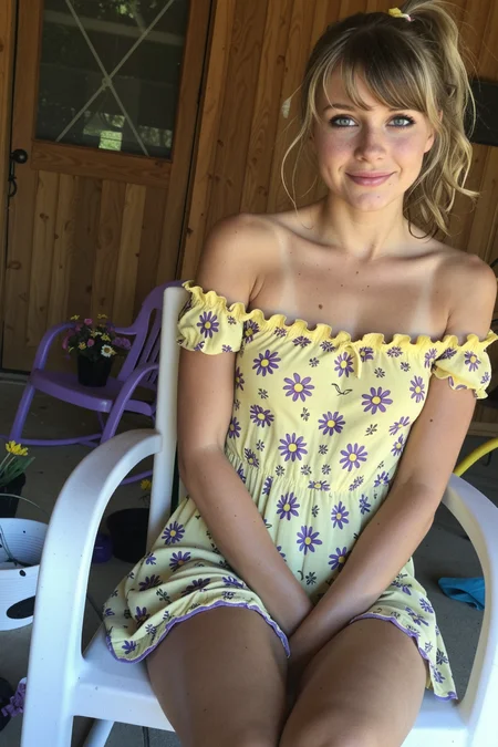28 year old woman, solo, big eyes, thin lips, round face, smirk,
wavy hair, dirty blonde hair, swept bangs, ponytail, purple and yellow flower sundress, off shoulder dress, legs, thighs, (legs spread, labia:0.5).
leaning back.
clutter, farmhouse porch, flowers, relaxing, sitting back in rocking chair, humid, cornfield, yellow and purple colors.