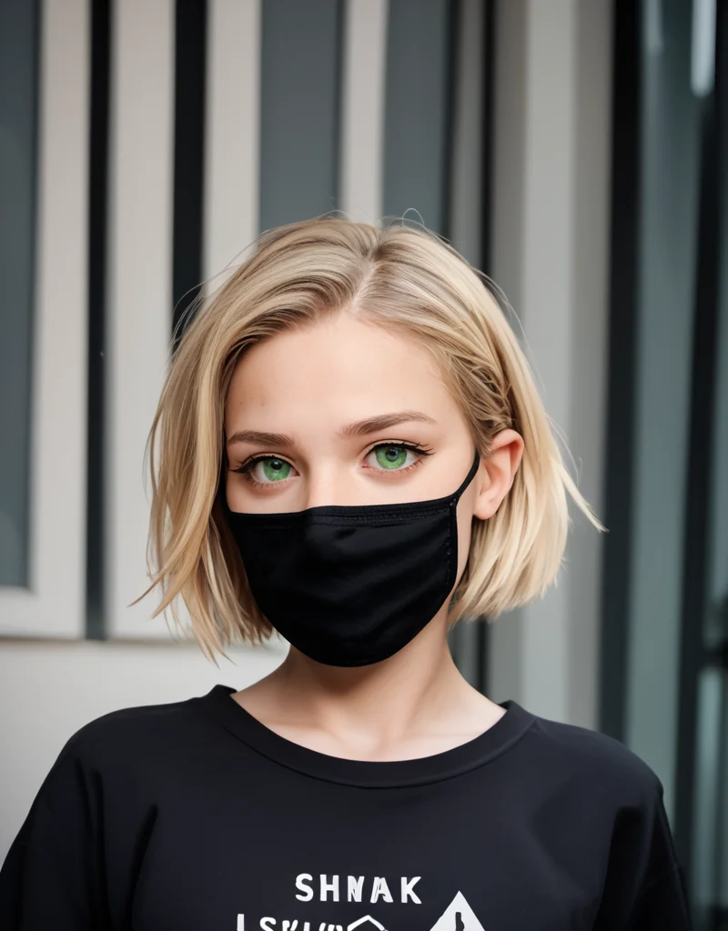 zPDXL2, <lora:TechwearV2:1>, t3chwear,
1girl, cute face, detailed eyes, short blonde hair, green eyes, black face mask, closeup, city in the background