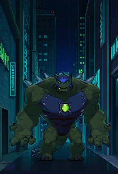 <lora:ulthum-09:1> ulthum, spikes, solo, no humans, green eyes, green skin,, , 1boy, , blue helmet   <lora:PixelStyle-GLora-Illustrious-V1:1> modern pixel art, retro pixel art, pixelated, retro, night city, glowing lights, massive character, neon tokyo,, masterpiece, best quality, amazing quality, very aesthetic, absurdres, newest,