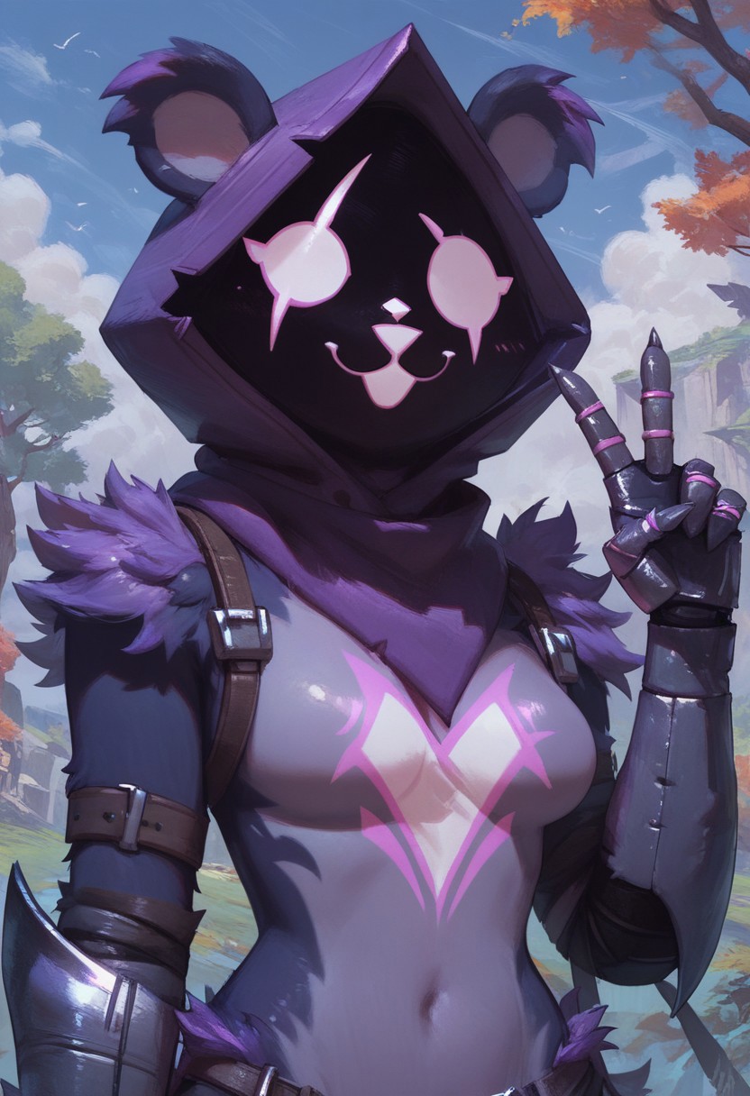 score_9, score_8_up, score_7_up, ultra quality, 1girl, Raventlxl, anthro, animal ears, hood, shadow face, purple body, glowing eyes, gauntlets, glowing tattoo, eye scar, upper body, looking at viewer, v sign, outdoors, tree, sunny