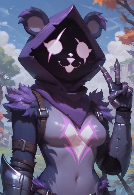 score_9, score_8_up, score_7_up, ultra quality, 1girl, Raventlxl, anthro, animal ears, hood, shadow face, purple body, glowing eyes, gauntlets, glowing tattoo, eye scar, upper body, looking at viewer, v sign, outdoors, tree, sunny