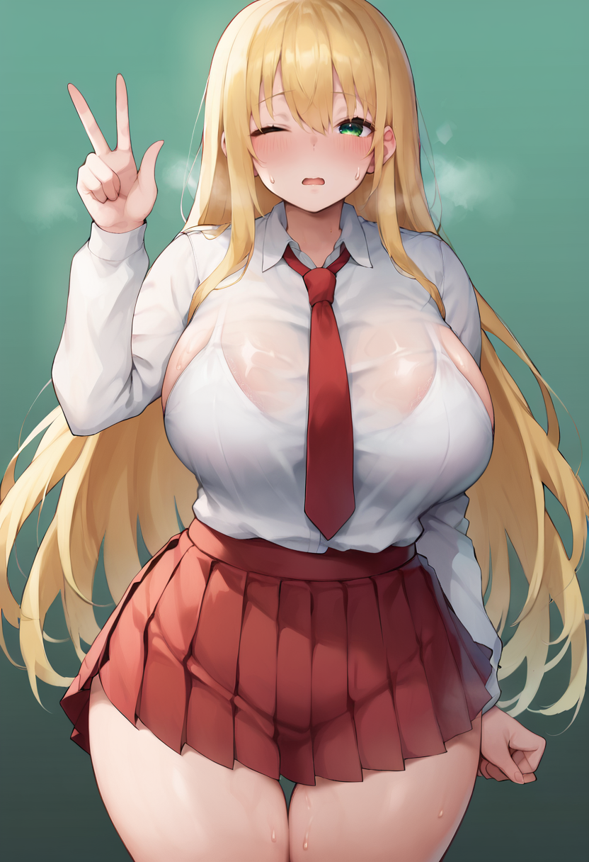 score_9, score_7_up,  1girl, 
huge breasts, wide hips, thick thighs, very long hair, red skirt, green headwear, collared shirt, hand up, shirt tucked in, v, open mouth, thighs, long hair, sweatdrop, necktie, white shirt, one eye closed, skirt, black eyes, curvy, cowboy shot, red necktie, looking at viewer, blonde hair, green eyes, shirt, hair between eyes, pleated skirt, breasts, school uniform, green background, blush, thigh gap
 <lora:hamu_767-Style-PonyXL-GLoRA-000038:1>
