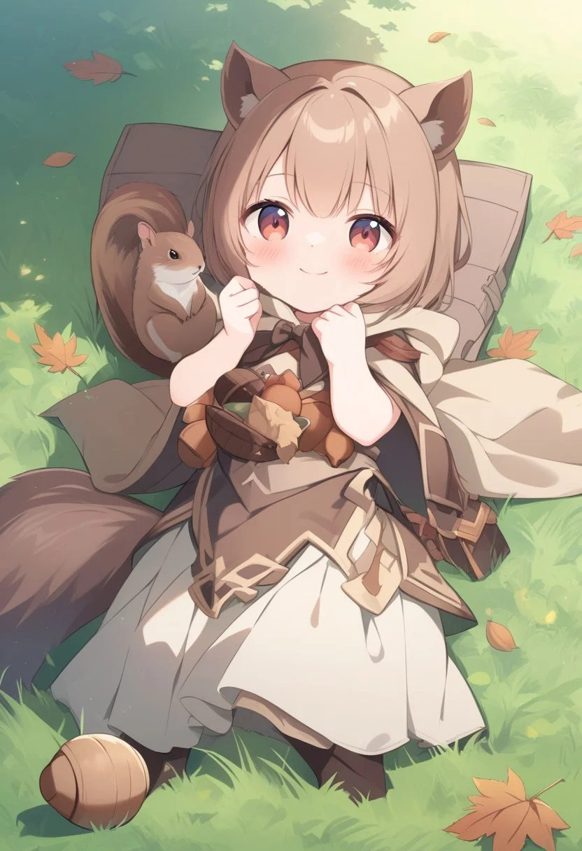 a cute baby squirrel, holding an acorn, wearing fantasy clothing, cloak on back, leaves, grass, dark shadows, beautiful, happy