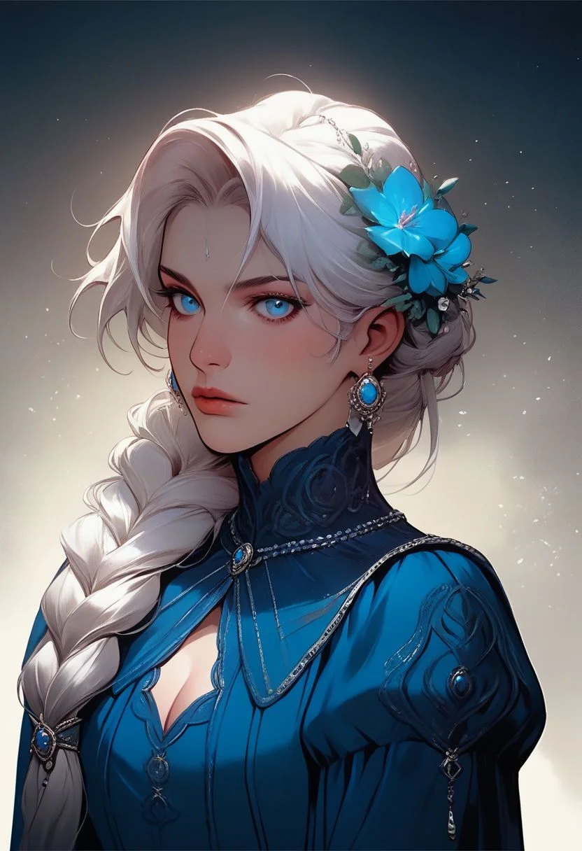 Larocca Art Style, 1girl, solo, blue eyes, braid, long hair, hair ornament, eyelashes, hair flower, flower, earrings, jewelry, white hair, single braid, lips, hair over shoulder, blue dress, cleavage cutout, victorian theme, long sleeves, beautiful, sexy, looking at viewer, looking at viewer, upper body, vibrant colors, PonyXLV6_Scores , PnyCmicXLPOS,