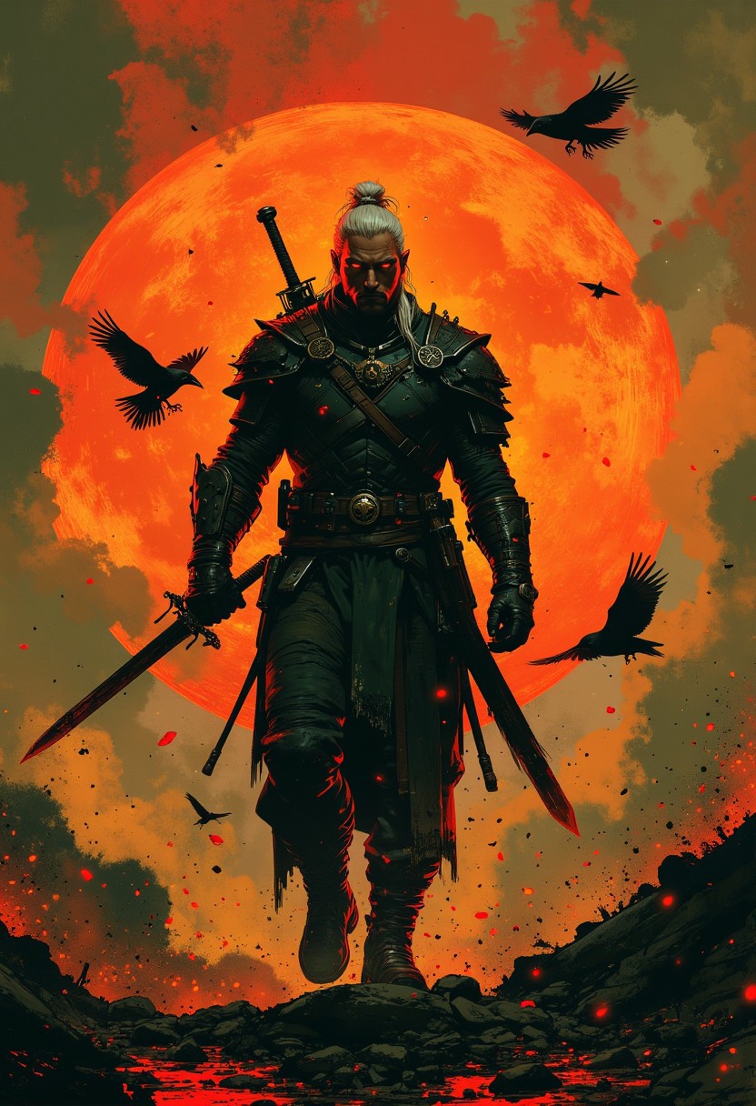 This image depicts a powerful, solitary warrior standing amidst a dramatic and atmospheric scene. The character has long white hair tied back in a ponytail, sharp features, and an intense, brooding expression. His eyes, glowing slightly red, add an aura of mystery and danger. He is clad in dark, intricately designed armor, which has a weathered, battle-worn appearance. Across his chest is a symbol, likely denoting his status or allegiance, giving him an air of authority and purpose.
In his hand, he holds a large, gleaming sword, reflecting both light and danger, while a second sword is sheathed at his side. The warrior’s posture is one of contemplation or preparation, as if he is readying himself for an imminent battle or has just emerged from one. Behind him, a large, vibrant orange sun or moon dominates the background, casting an eerie glow over the scene and contrasting with the warrior’s dark figure.
Surrounding the warrior, birds are in flight, possibly ravens or crows, adding to the scene’s foreboding and ominous tone. The ground is littered with falling petals or leaves, and the orange light reflects off the battlefield, suggesting that autumn or fire may play a symbolic role in the environment. The combination of colors, the warrior's lone figure, and the atmospheric elements create a strong sense of solitude, power, and impending action.