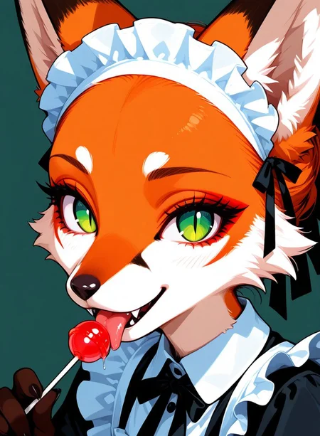 <lora:Foxy_v02_PDXL:1> solo, furry girl, furry fox girl, slender body, body covered with short fur, fox ears, long eyelashes, foxgirl, fur, green eyes, slit pupils, long lush eyelashes, more detailed eyes, lustful look, short maid dress, maid cap, sly smile, side view, fangs showing, face close up, tongue out, licking a lollipop, saliva <lora:eyelashes_pony_V1.0:1> <lora:Eyes_Lora_Pony_Perfect_eyes:1>