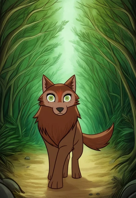 (zPDXL3), full body, solo, furry, best quality, mebh_wolf, full body, pokemon (creature), animal, wolf, green eyes, animal focus, looking at viewer, dynamic pose, outdoors, forest, dynamic angle