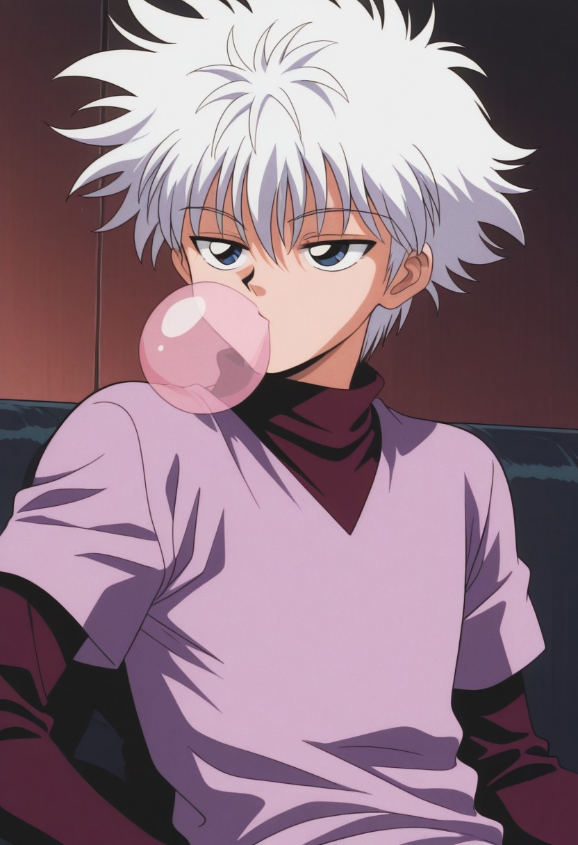 masterpiece,best quality,amazing quality, source_anime, retro_artstyle,
KiruaZorudikku, 1boy, male focus, solo, blue eyes, white hair, red shirt, turtleneck, purple shirt, short over long sleeves, chewing gum, bubble blowing, bored,
