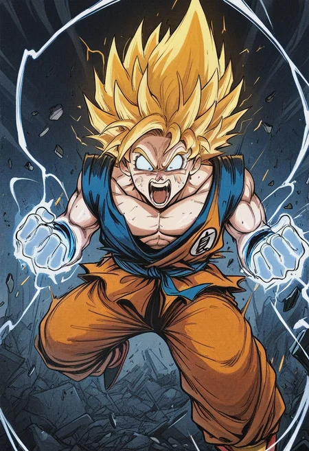 813nm0hstyle, masterpiece, best quality, solo, goku, pale, golden spiky hair, arms held by side, powering up, bulky, , action, whiteblotches impact frame, yellow and blue jolts, golden aura and sparks, rage, screaming anger, screaming up, rubble, debris,