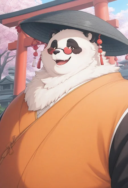 masterpiece, detailed background, best quality, absurd res, high detail, aesthetic, detailed eyes
BREAK
Anthro,panda male,PanYiHun,fat male, huge body, fluffy, neck tuft, fluff, face focus, close-up, broad shoulders, orange japanese clothing, red mini glasses, metal japanese hat, open mouth, smile,
BREAK
Outdoors, japanese garden, Torii gates, sakura trees, detailed background,